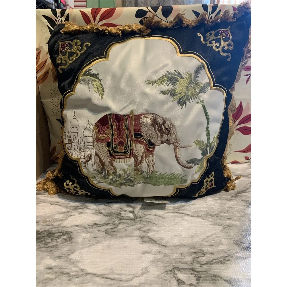 Fringe & Embroidered Elephant India Background Pillow BEAUTIFUL 16x16